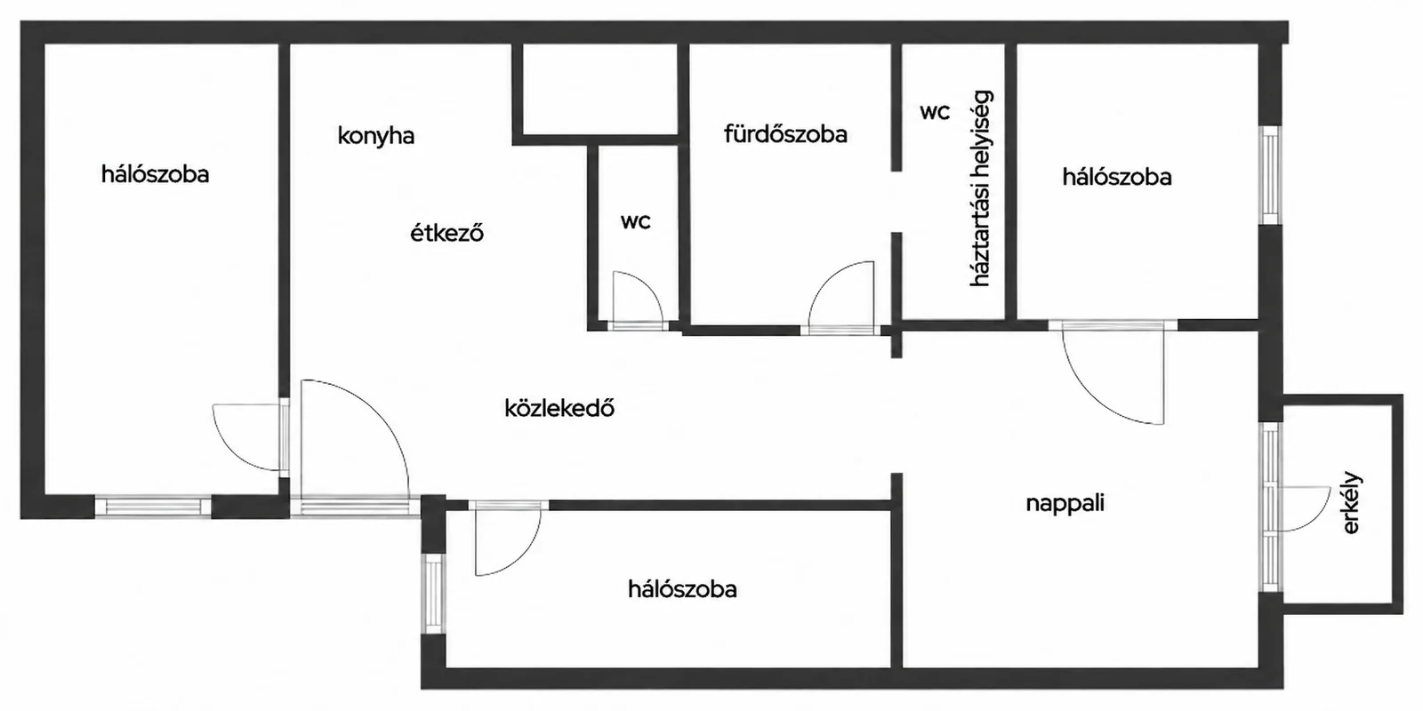 A 94 m²-es lakás alaprajza: nappali, konyha, három hálószoba, fürdő, két WC, háztartási helyiség és erkély